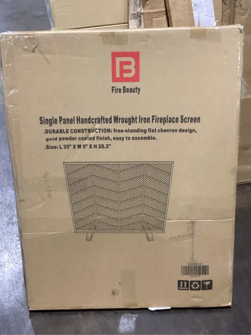 Condition photo showing As Is for Fire Beauty Single Panel Handcrafted Wrought Iron Mesh Chevron Fireplace Screen, Fire Spark Guard for Living Room, Bedroom Decor(Golden)