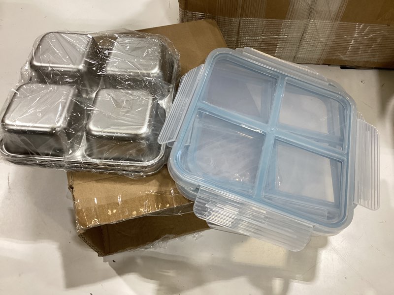 Condition photo showing Good Condition for 3 pack stainless steel reusable snack containers with lids, 4 compartment, leakproof, 24.5 oz food storage & meal prep containers, bento lunch box for adults,men,women(blue)