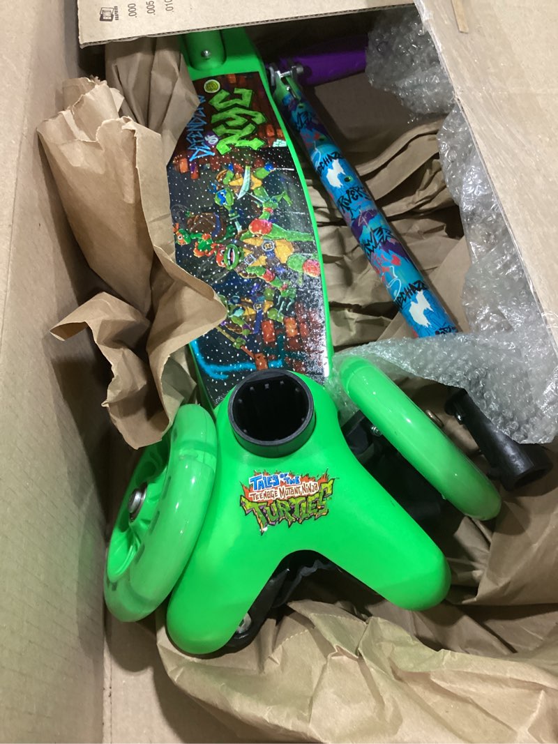 Condition photo showing As Is for Self Balancing Kick Scooter with Light Up Wheels, Extra Wide Deck, 3 Wheel Platform, Foot Activated Brake, 75 lbs Limit, Kids & Toddlers Girls or Boys, for Ages 3 and Up TMNT