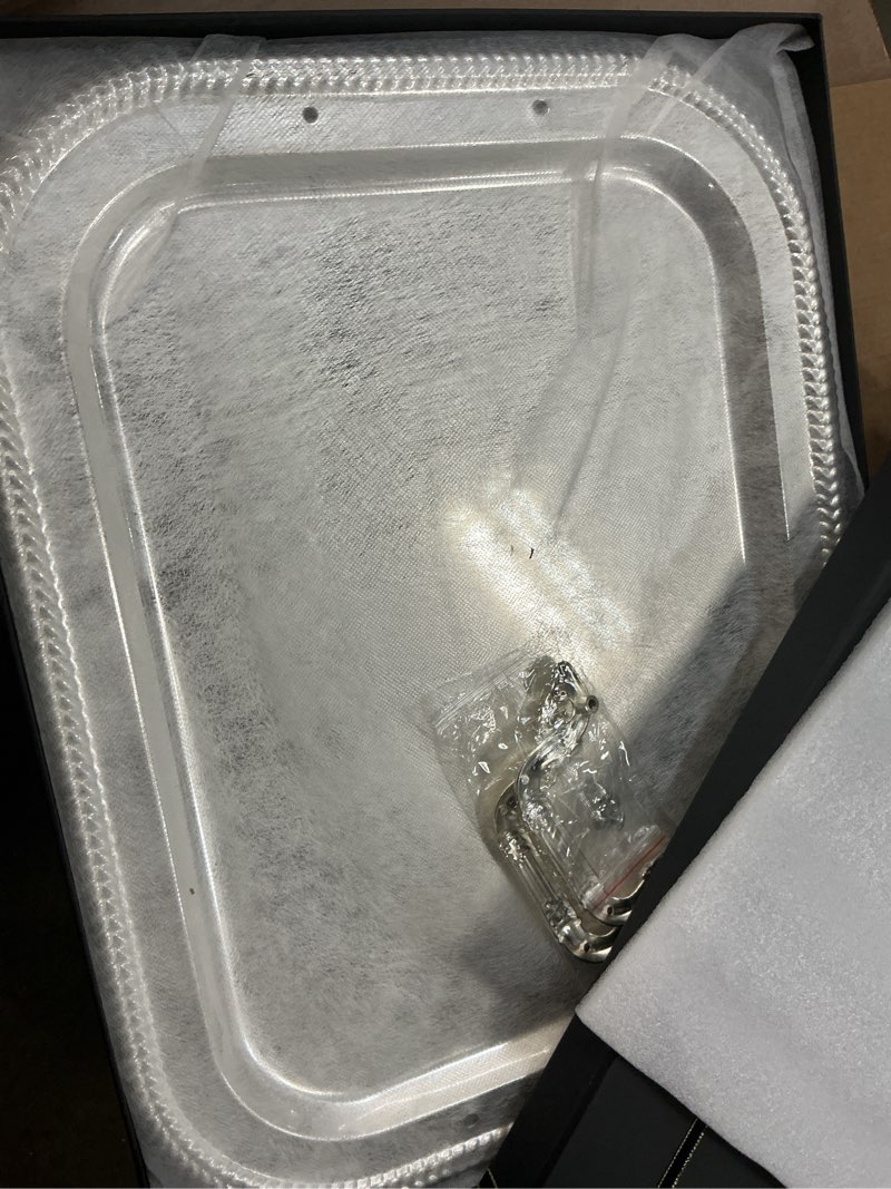 Condition photo showing Good Condition for 18.5"x14.5" Rectangular Silver Serving Tray with Handles, Beautiful Mirror Polished Finish, Lightweight Classic Metallic Decorative Silverplate Tray for Wedding Anniversary Birthday Holiday Gatherings