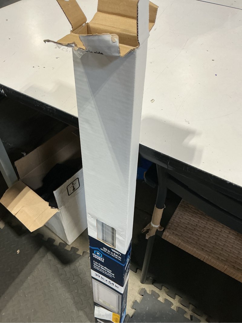 Condition photo showing As Is for project source light filtering 1-in slat width 39-in x 64-in cordless white vinyl light filtering mini-blinds