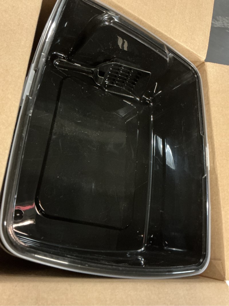 Condition photo showing As Is for iris usa 2 pack large open top cat litter box with high sides, scatter shield & scoop, black, for indoor cats, kittens or multicat homes