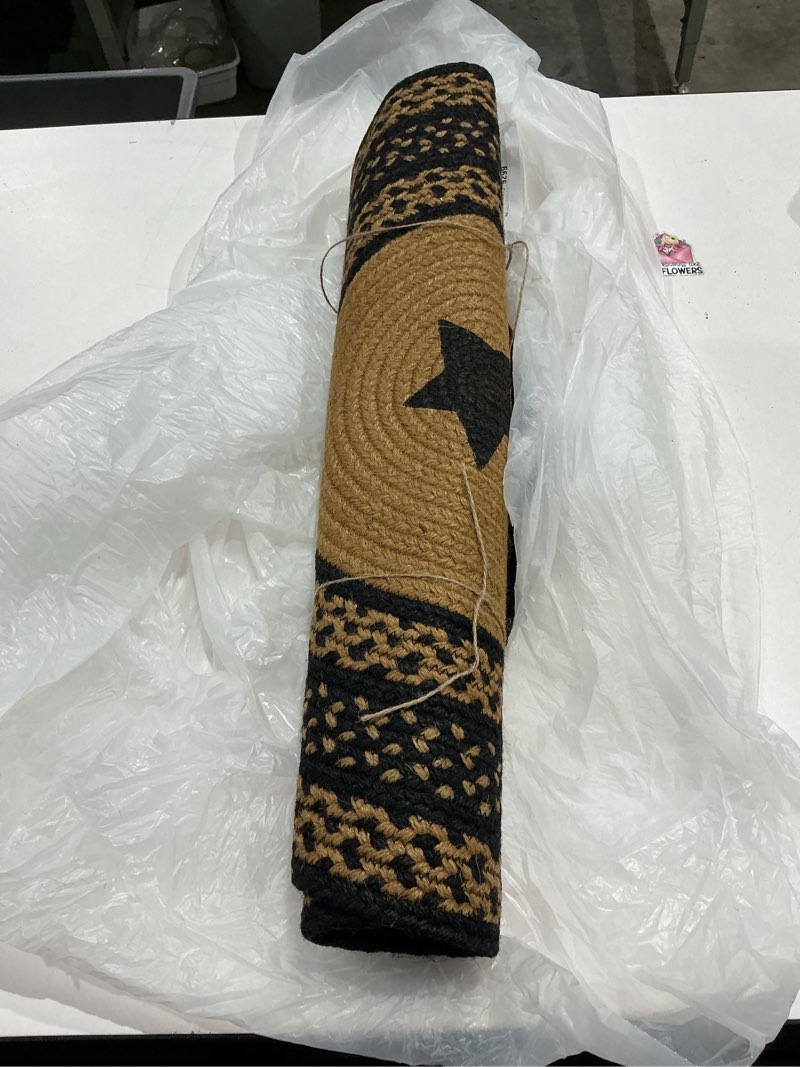 Condition photo showing As Is for not exact similar to vhc brands farmhouse primitive jute black textured table runner stencil stars country black, dark tan