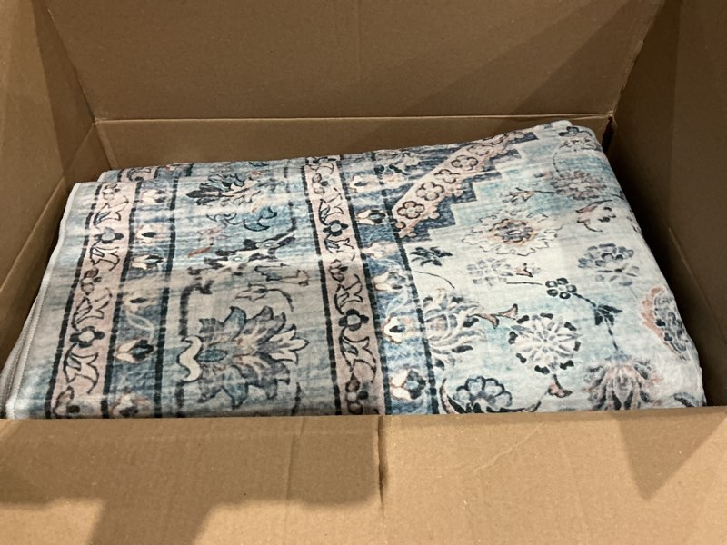 Condition photo showing As Is for dcx blue 8x10 rug, machine washable stain resistant kid & pet friendly with rubber back non slip vintage rug for living room, bedroom, home office, soft low pile large carpet 8' x 10' (rectangular) beige & blue