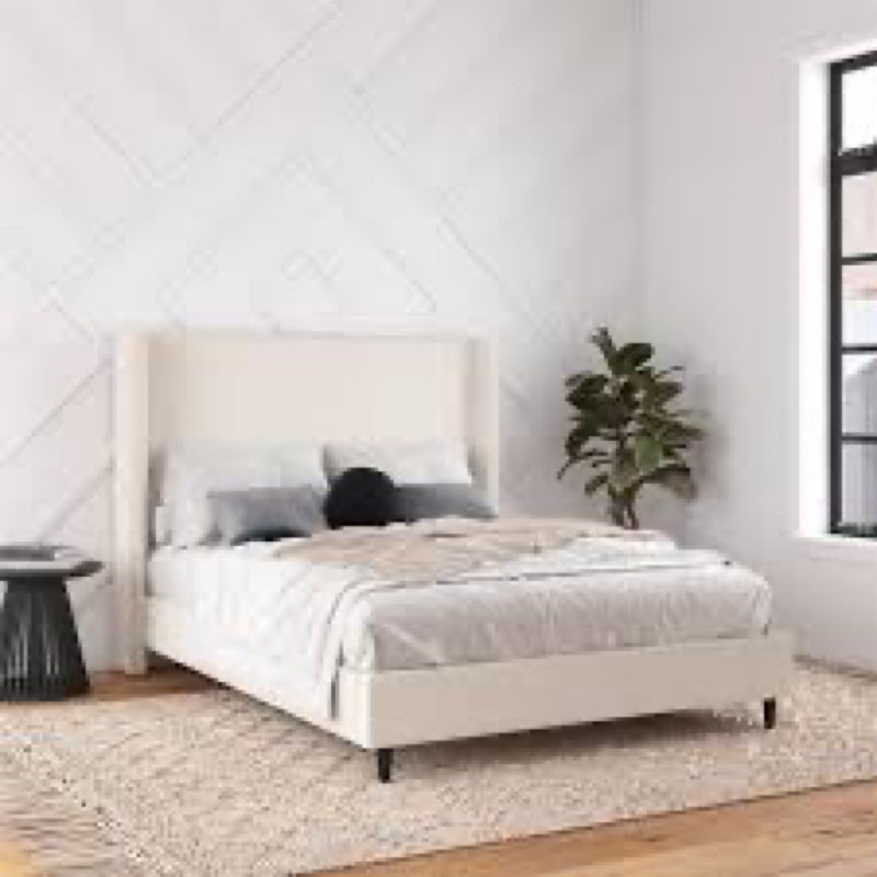 Eveline Upholstered Platform Bed Frame With High Wingback Headboard, King, Ivory Corduroy (Box 2 Of 2)