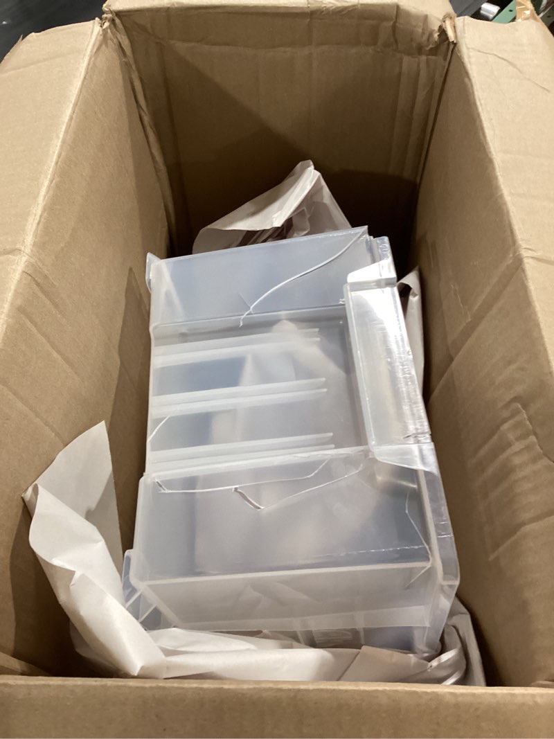 Condition photo showing As Is for (Similar Item) Akro-Mils 30281 Super-Size AkroBins Plastic Storage Bins, Space-Saving Stackable Bins for Garage, Classroom, Warehouse Organization, 20\" L x 12\" W x 8\" H, Clear, 3-Pack