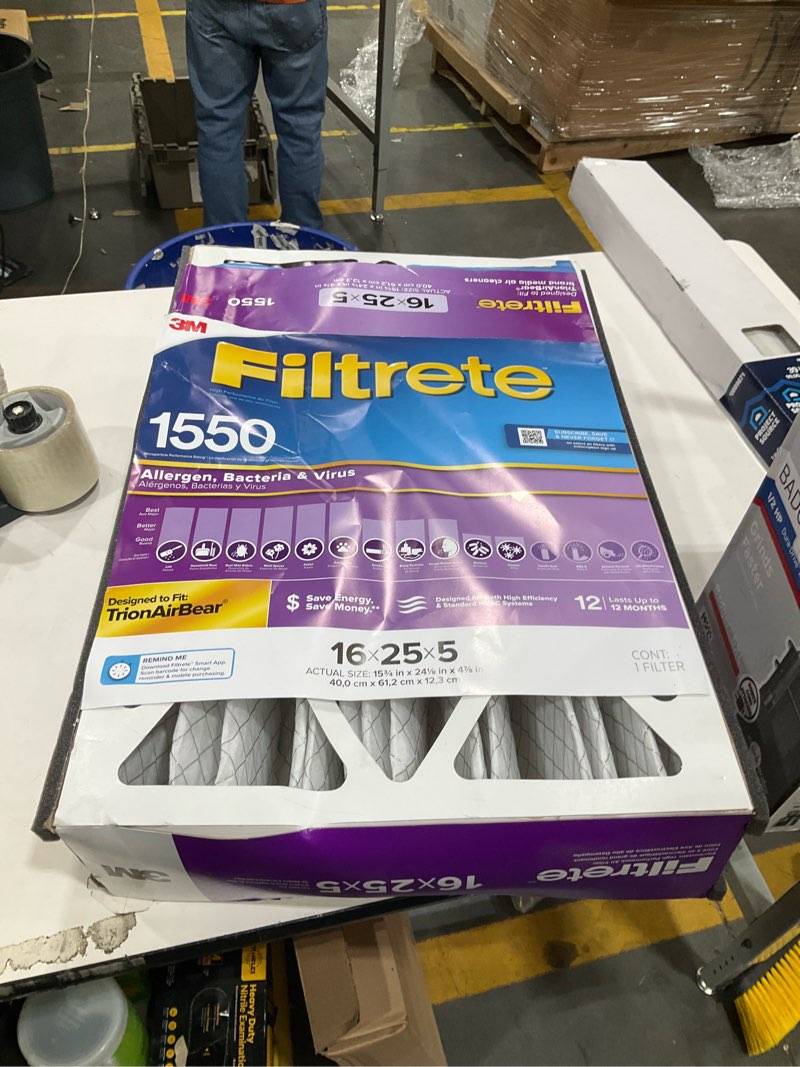 Condition photo showing Good Condition for filtrete 16 x 25 x 5 merv 12 1550 mpr allergen, bacteria and virus electrostatic pleated air
