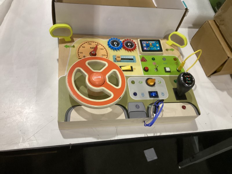 Condition photo showing Good Condition for montessori toddler toys - baby wooden busy board - sensory toys with light switch - travel toys for educational toddler activities for toddlers 1 2 3 4+ year old steering wheel busy board