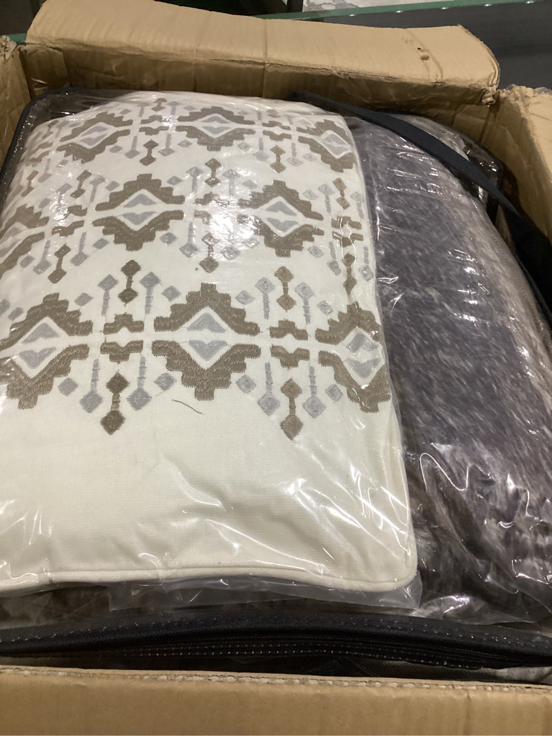 Condition photo showing New/Like New for Madison Park Signature Cozy Comforter Set - All Season Bedding Combo Filled Insert and Removable Duvet Cover, Shams, Decorative Pillows, Plaid Brown/Black Queen (92 in x 96 in) 9 Piece Plaid Brown Queen(92"x96")
