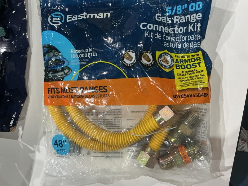 Condition photo showing As Is for eastman 1/2 in. fip x 1/2 in. d mip 48 in. stainless steel installation kit