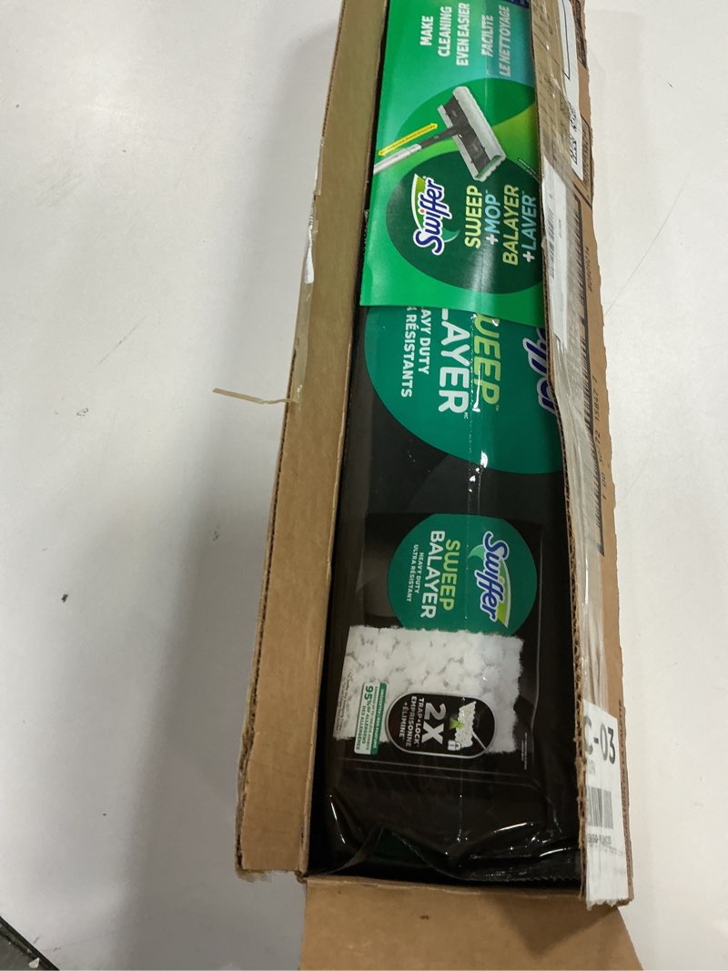 Condition photo showing Good Condition for Swiffer Sweep & Mop Deluxe 2-in-1 Multi-Surface Kit for Floor Cleaning, Includes 1 Sweeper Device, 5 Dry Sweeping + 6 Wet Mopping Heavy Duty Cloths, Black Deluxe Starter Kit