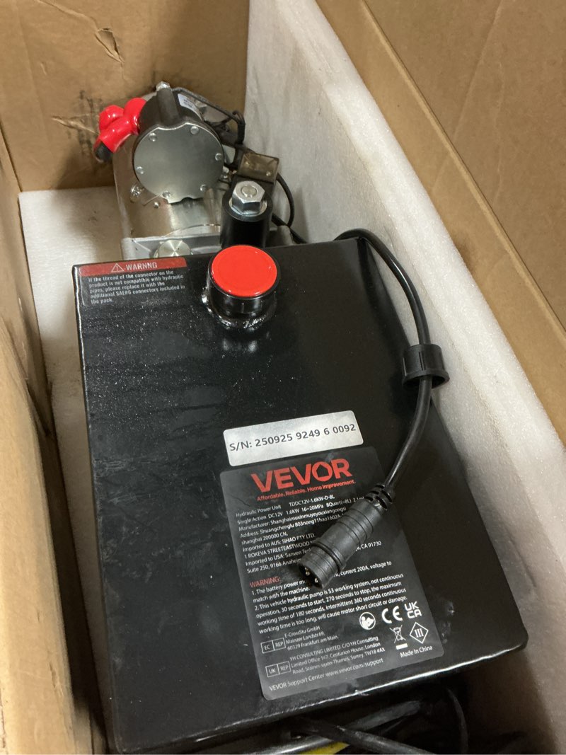 Condition photo showing Good Condition for vevor hydraulic pump, 8 quart dump trailer pump, single acting hydraulic power unit, 3200 psi max relief pressure, 0.91 gpm flow rate, hydraulic pump power unit for dump trailer car lifting 8 quart single acting