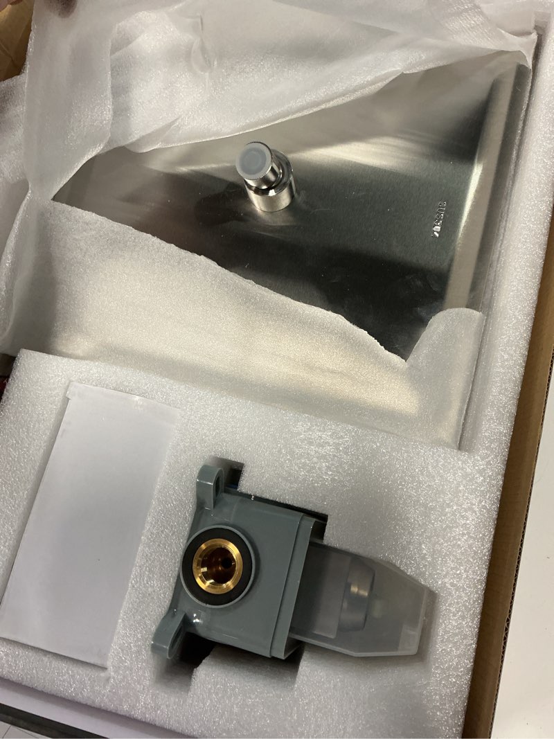 Condition photo showing As Is for aolemi ceiling mount shower system, 12 inch rain shower head with handheld spray high pressure shower faucet set rough-in valve and shower trim included bathroom brushed nickel square knob 12 inch-ceiling mount+square knob brushed nickel