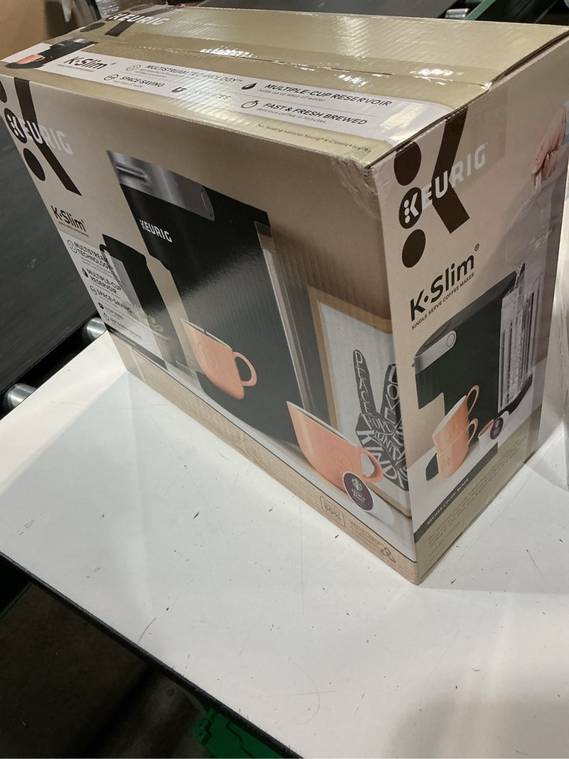 Condition photo showing New/Like New for keurig k-slim single serve k-cup pod coffee maker, multistream technology, 3 brew sizes, slim and sleek design, 46oz removable reservoir, black