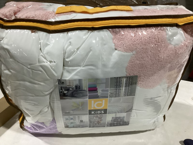 Condition photo showing New/Like New for Intelligent Design Kids Twin Comforter Set for Girls, Tufted Chenille Floral Comforter Set Twin, Lightweight Polka Dot Comforter Reversible Bed Set, Sham, Pillow, Gracie, Twin White/Purple 3 Piece Twin Comforter White/Purple