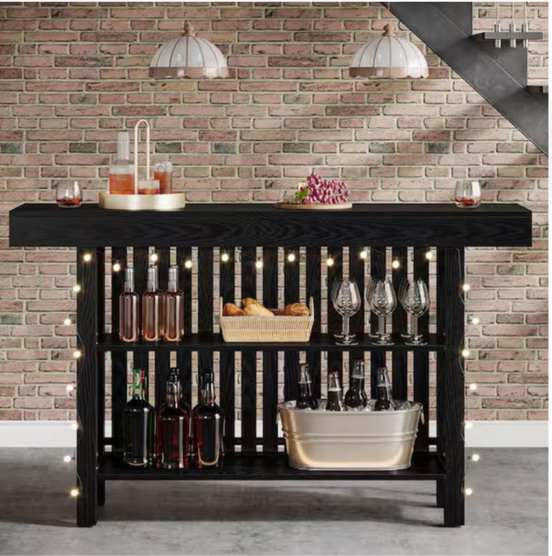 adan 63 in. home black wood modern 2-tier bar table footrest corner mini coffee bar cabinet bar unit