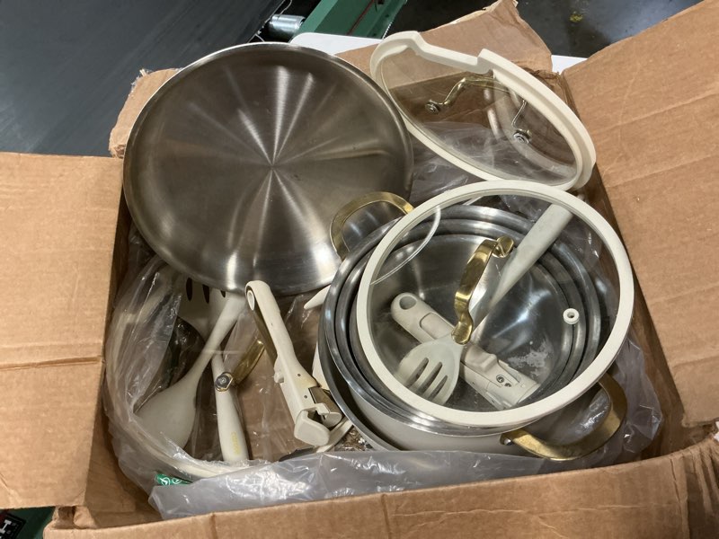 Condition photo showing As Is for carote 19pcs tri-ply stainless steel cookware set with detachable handle, pots and pans set, induction kitchen cooking sets, rv/camping cookware, outer ceramic layer, oven safe, cream white
