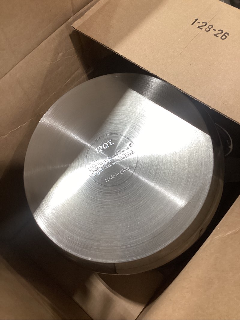 Condition photo showing Good Condition for Ecolution Pure Intentions Stock Pot - Features Tempered Glass Lid, Stay-Cool Handles, and Encapsulated Bottom - Oven Safe - Curbside Recyclable Stainless Steel - 12 Quarts