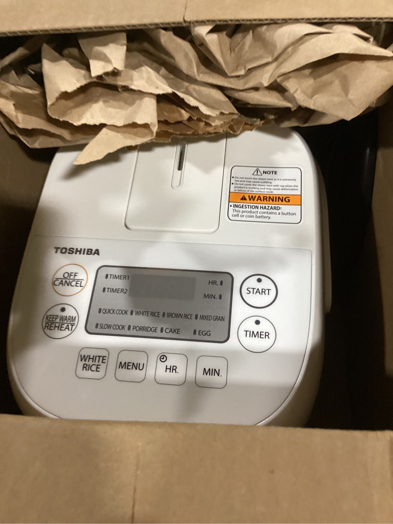 Condition photo showing As Is for Toshiba Mini Rice Cooker, 3 Cups Uncooked Small Rice Cooker, Steamer & Warmer, With Fuzzy Logic And One-Touch Cooking, 24 Hour Delay Timer And Auto Keep Warm Feature, White