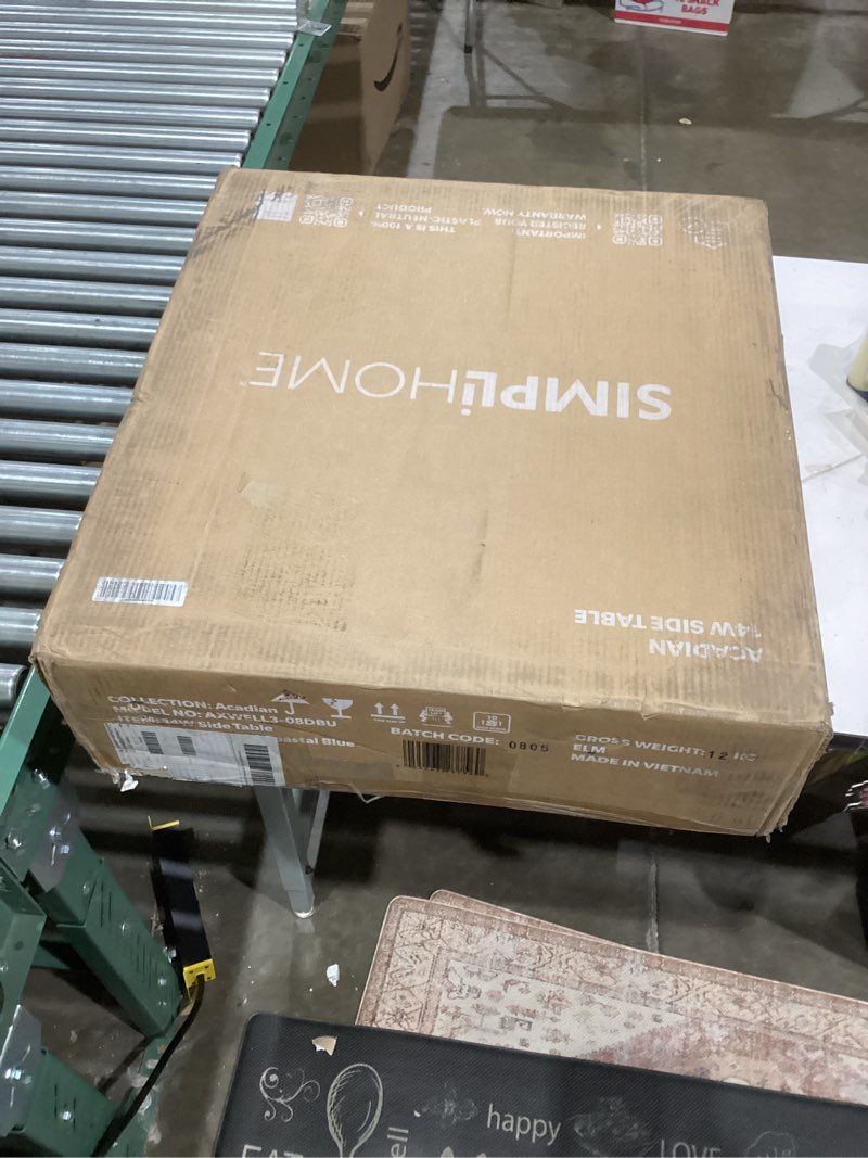 Condition photo showing New/Like New for SIMPLIHOME Acadian Narrow Side Table - 14 inch Wide Solid Wood Rectangular End Table with 2 Open She