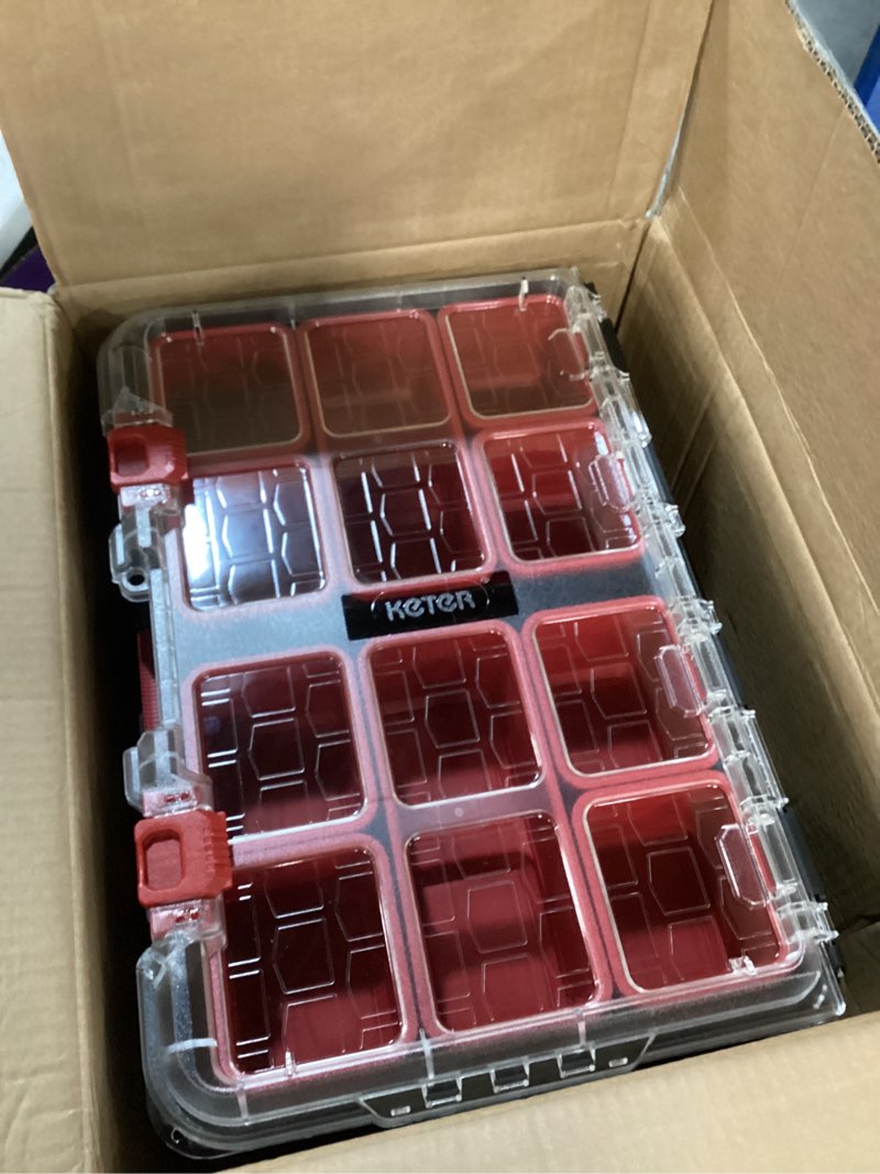 Condition photo showing Good Condition for keter stack-n-roll modular tools organizer for garage storage and diy, 3 piece resin rolling tool box system for small parts, black 3pc system