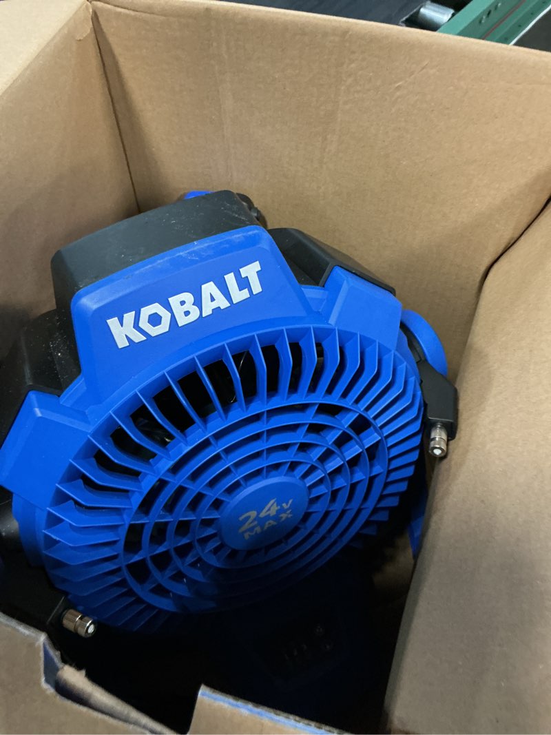 Condition photo showing As Is for kobalt 7-in 24-volt 3-speed high velocity indoor/outdoor blue misting floor fan (battery and charger included)