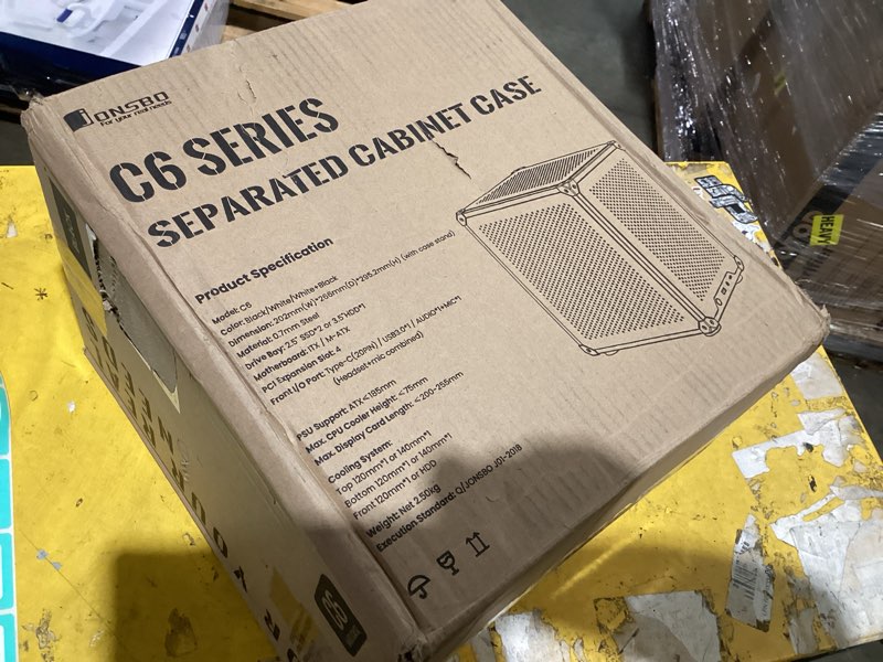 Condition photo showing As Is for jonsbo c6-itx black mini itx handled mesh pc case, simple compact desktop chassis, sp mb mini-itx/mini-dtx, atx power bite (l140mm max.), 170mm tower cooler,tool-free open sff case, black c6itx black