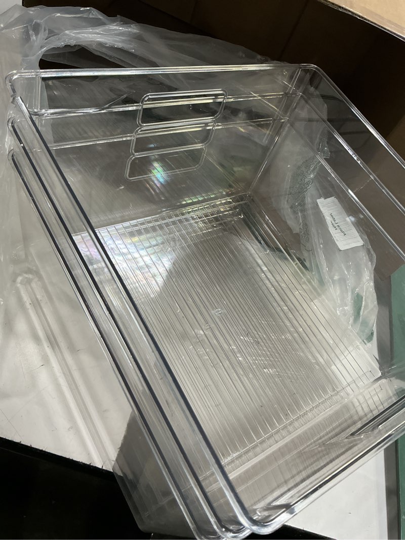 Condition photo showing As Is for 3 pack,extra large clear plastic storage bins, perfect for kitchen organization or pantry organization and storage, laundry room, fridge, freezer organizer plastic storage containers for organizing 4 12.6 x 12.6 x 7