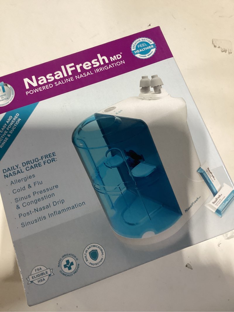 Condition photo showing New/Like New for NASALFRESH MD - Dual Powered Nasal Irrigation System Nasal Rinse and Wash - Sinus Decongestant Relief System w/ 30 Saline Packets - Rechargeable - 2 Sets of Nose Pillows - Snoring Remedy
