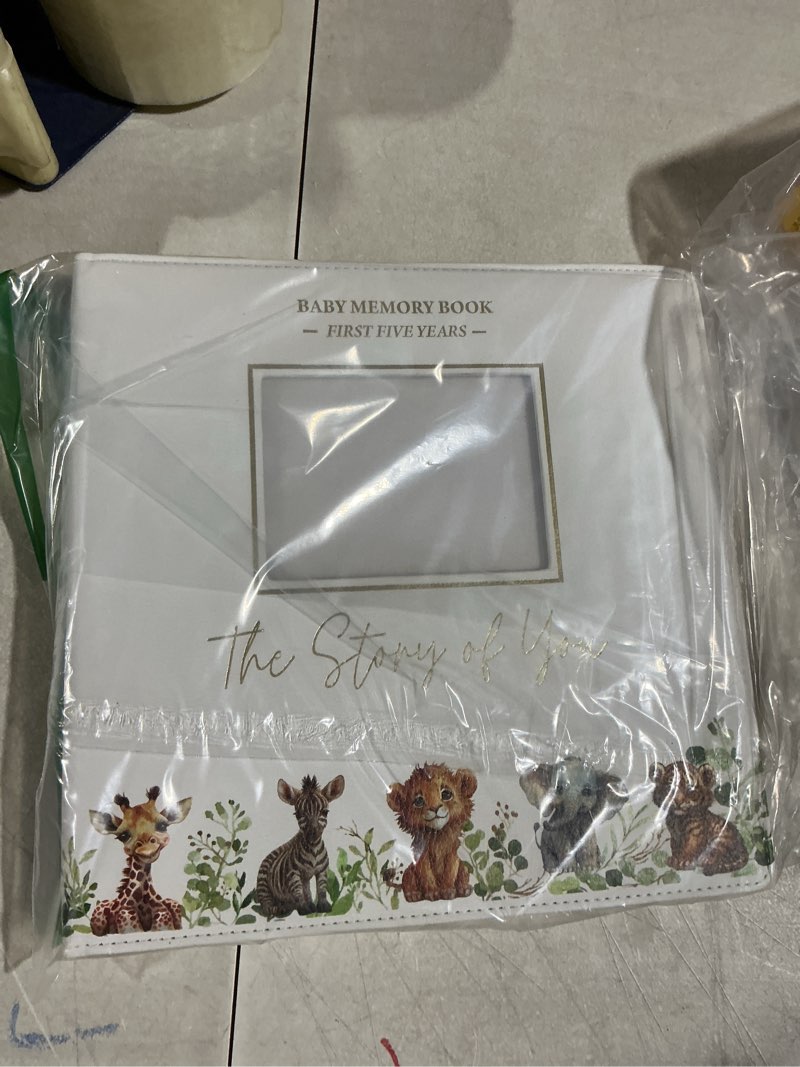 Condition photo showing Good Condition for Baby Book Keepsake - Timeless Baby Memory Book for Boy or Girl I First 5 Year I Faux Leather, Gender Neutral, Safari Theme w/Gold Foil Stamp - Baby First Year Book Journal Scrapbook Photo Album Shower Non-Personalized