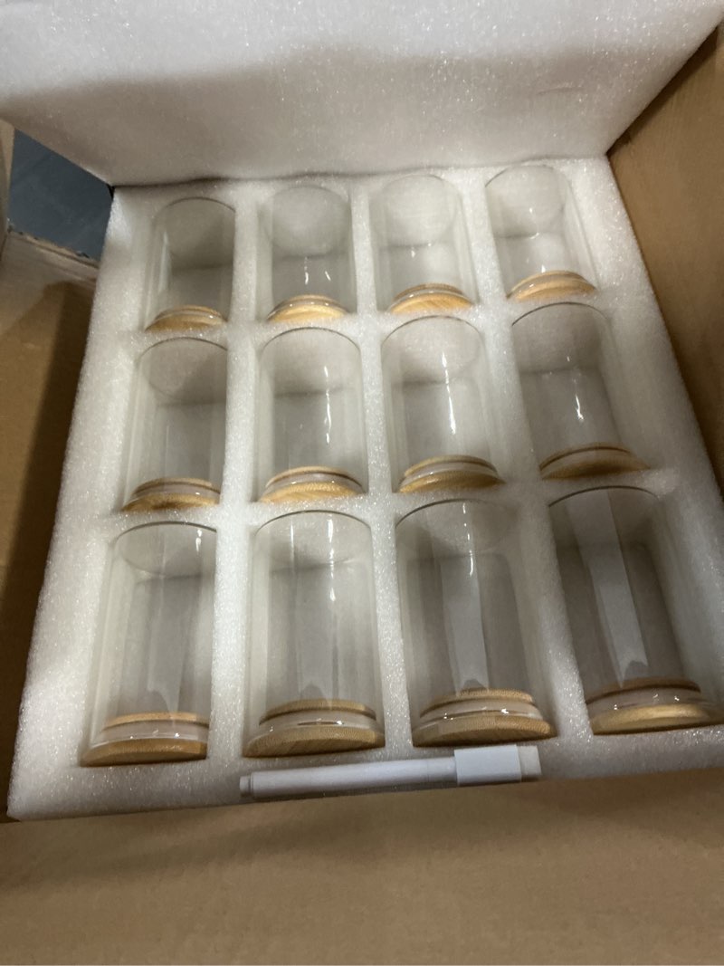 Condition photo showing New/Like New for showin 8oz glass food storage jars, glass jars with bamboo lids, kitchen storage jars, set of 12, canisters with airtight lids for spice, coffee, cookie, pantry organizers round-8oz12pc