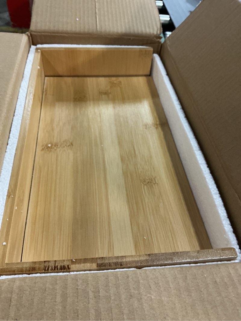 Condition photo showing Good Condition for Bamboo Desk Organizer, Desktop Organizer with 3 Drawer, Tabletop Storage Organization Box for Bills, Countertop, Home Office Supplies 3 Drawer+Shelf