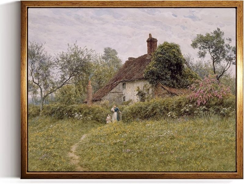 InSimSea Golden Framed Vintage Canvas Wall Art Old Cottages At Pinner Painting Romantic Landscape Pr
