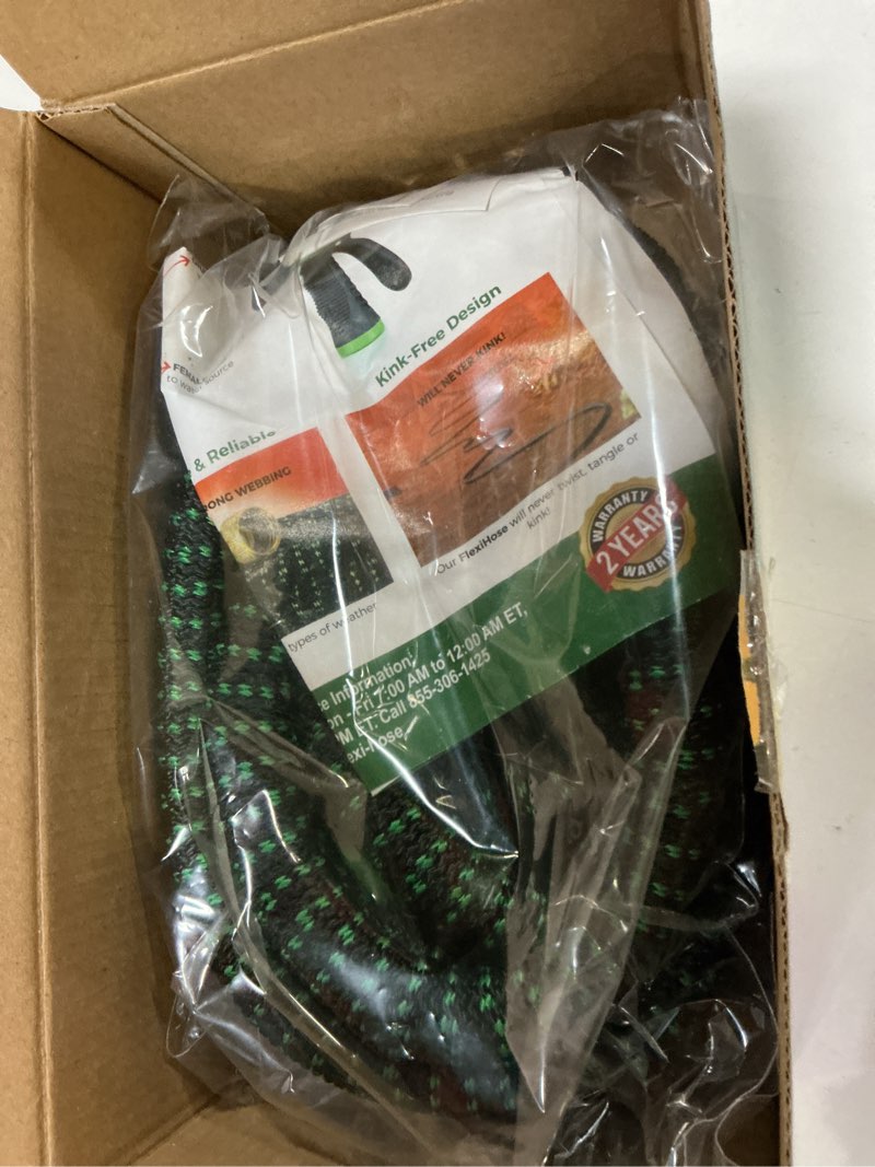 Condition photo showing New/Like New for flexi hose with 8 function nozzle, 25ft - lightweight expandable garden hose, no-kink flexibility, 3/4 inch solid brass fittings and double latex core - green green 25ft
