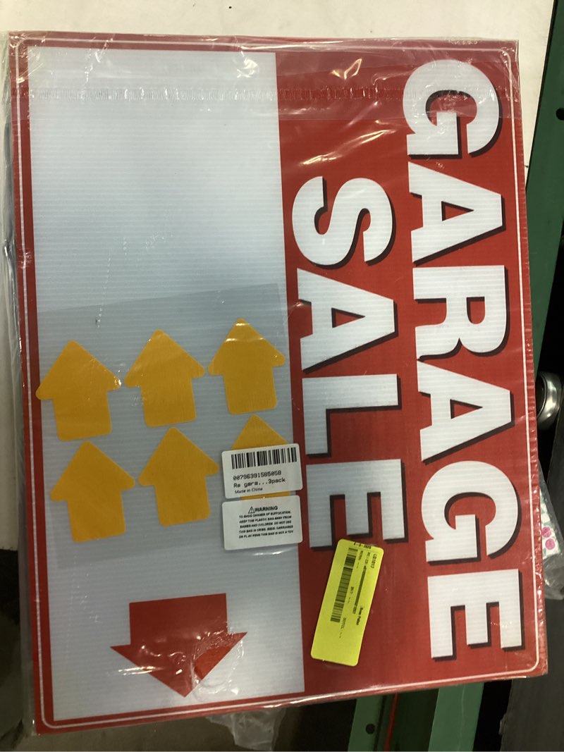 Condition photo showing As Is for remiawy garage sale signs, 3 pcs garage sale signs with metal stakes double sided large 17x13 inch corrugated plastic yard sale signs with directional arrows stickers for sales event weatherproof, red 3pcs garage sale sign red