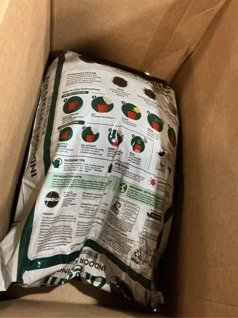 Condition photo showing As Is for miracle-gro organic indoor potting mix - protects against over and under watering, planting soil for indoor container plants, houseplants and starter plants, omri listed, 16 qt. 16qt indoor