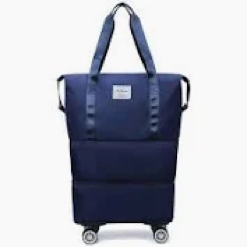 Expandable Foldable Travel Bag with Detachable Wheels & Telescopic Handle, Large Waterproof Rolling Duffel Tote for Women and Men (Navy)