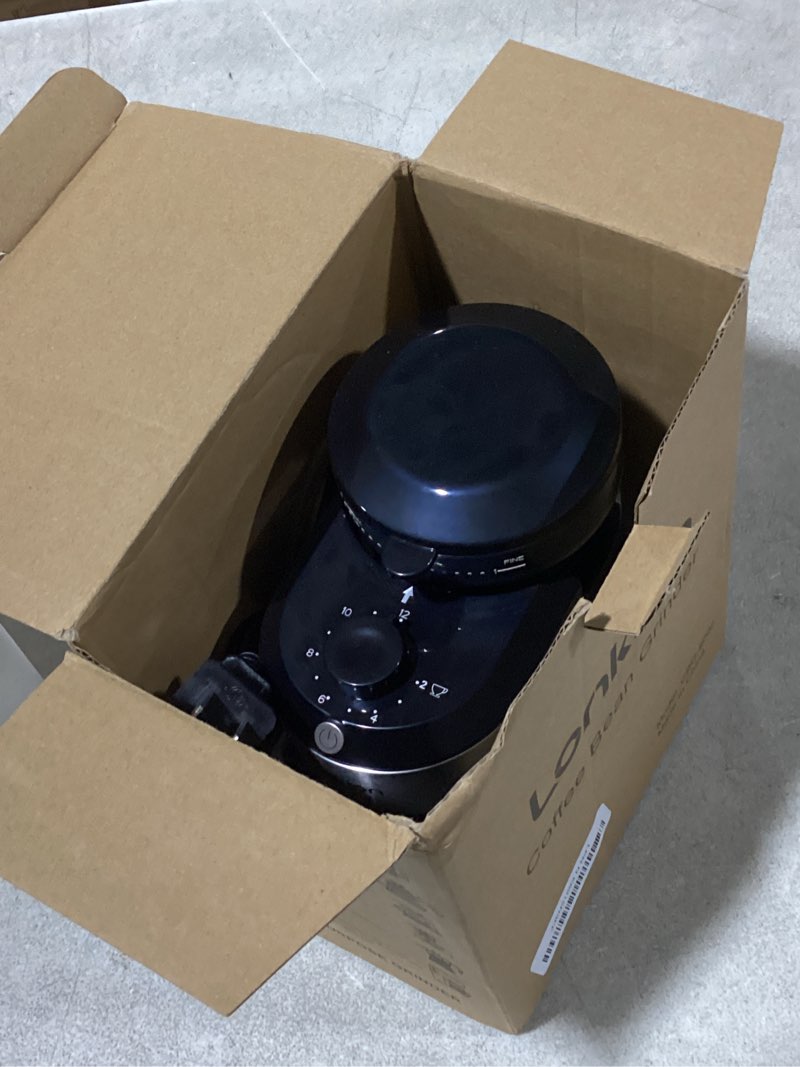Condition photo showing As Is for lonkion burr coffee grinder electric - adjustable burr grinder with 28 precise grind settings for 12 cups - coffee grinders for home use - professional coffee bean grinder - stainless steel black