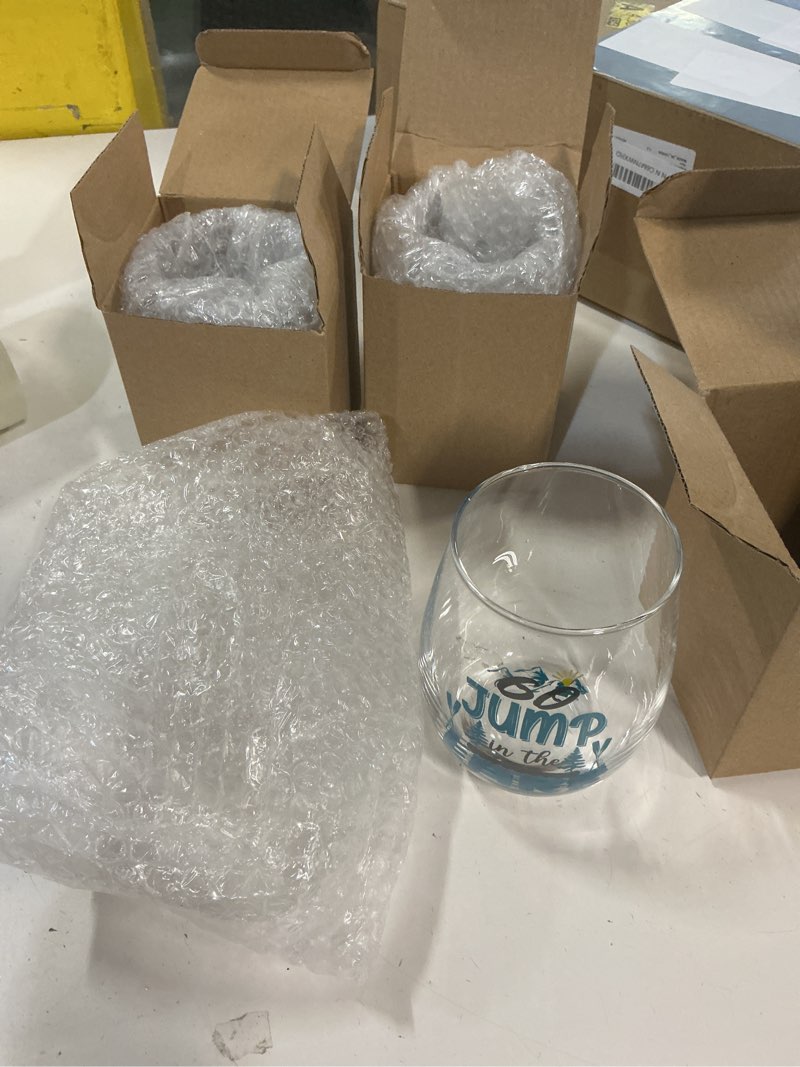 Condition photo showing As Is for 7 pcs lake house gifts 20 oz lake stemless wine glasses with box lakeside inspired boat life gifts ** 3 only, missing 3 cups**