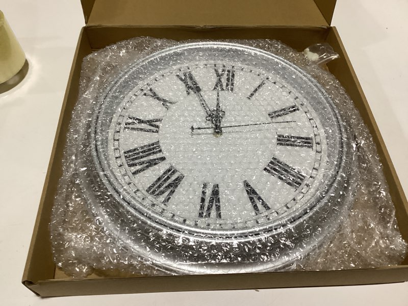 Condition photo showing Good Condition for Plumeet Extra Large Retro Wall Clock, 16'' Non Ticking Classic Silent Vintage Wall Clocks Decorative Kitchen Living Room Bedroom, Roman Numerals, Battery Operated, Silver Silver 16''