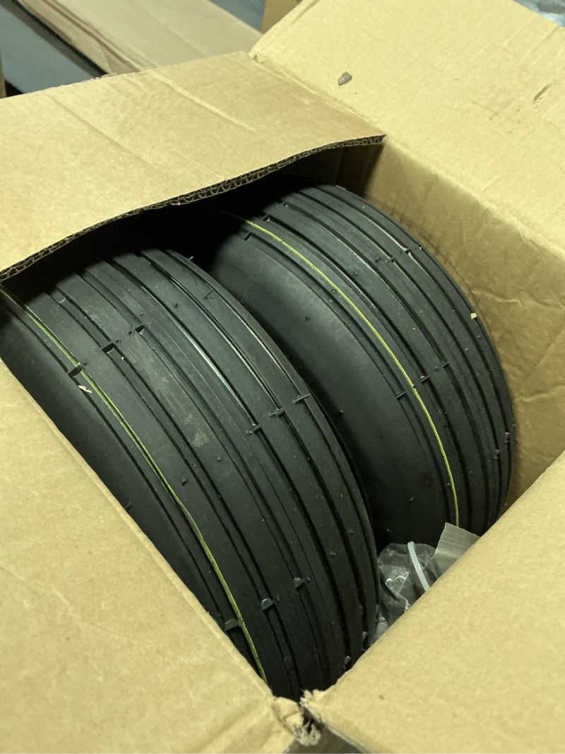 Condition photo showing Good Condition for ar-pro (2-pack) 13x5.00-6 tubeless tire and wheel assembly, 5"-7.5" centered hub, 5/8" bearings, replacement zero-turn riding lawn mower tire, 4-ply straight rib tread 13 x 5.00-6" tubeless(5/8hole) yellow(rib tread)