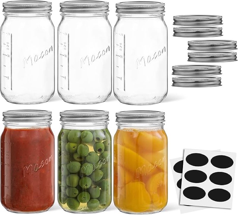 wide mouth 32 oz mason jars with lids and bands - 6 pack - packed in north mountain supply impactguard box - bpa-free, made in the usa – for canning, freezing, storing, and more