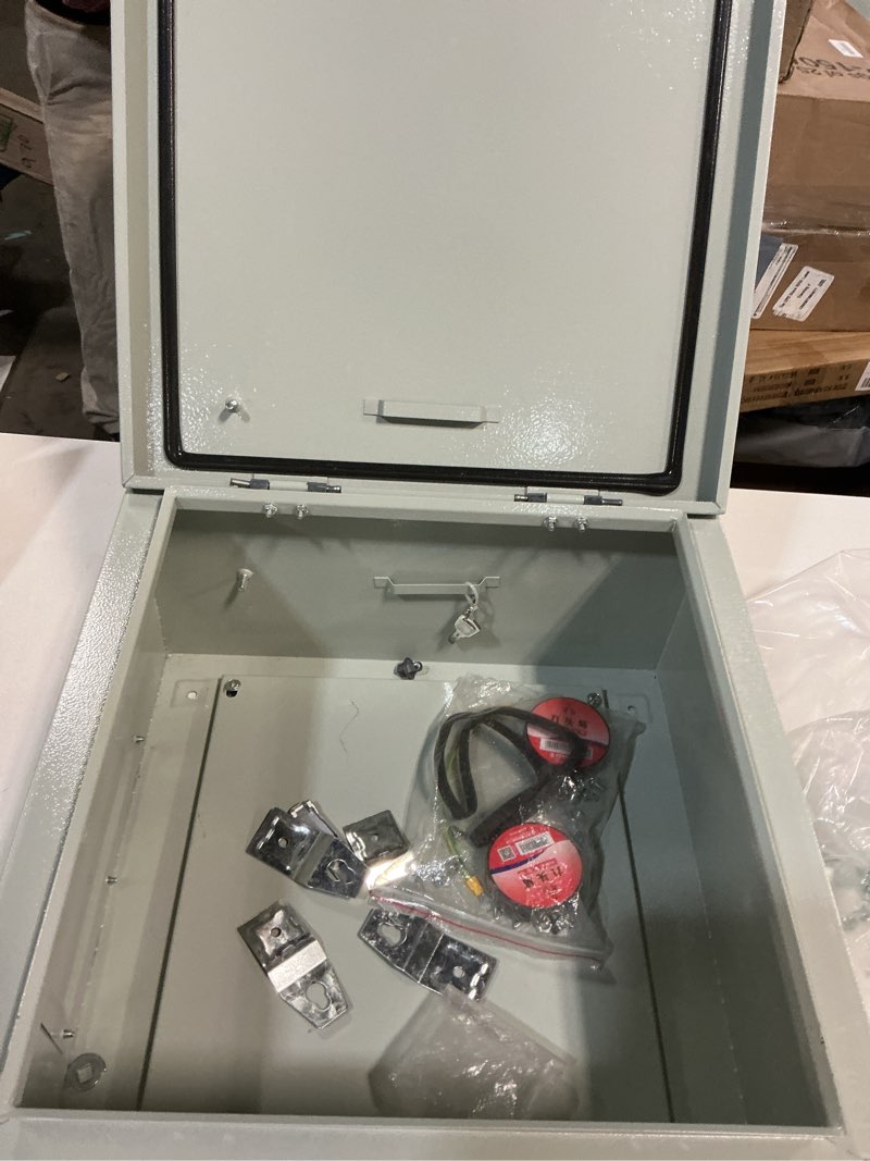 Condition photo showing As Is for Outdoor Electrical Box 16 x 16 x 8”D NEMA 4X Enclosure Steel Box, Waterproof & Dustproof Outdoor/Indoor Lockable Electrical Junction Box, with Mounting Plate 16 x 16 x 8''