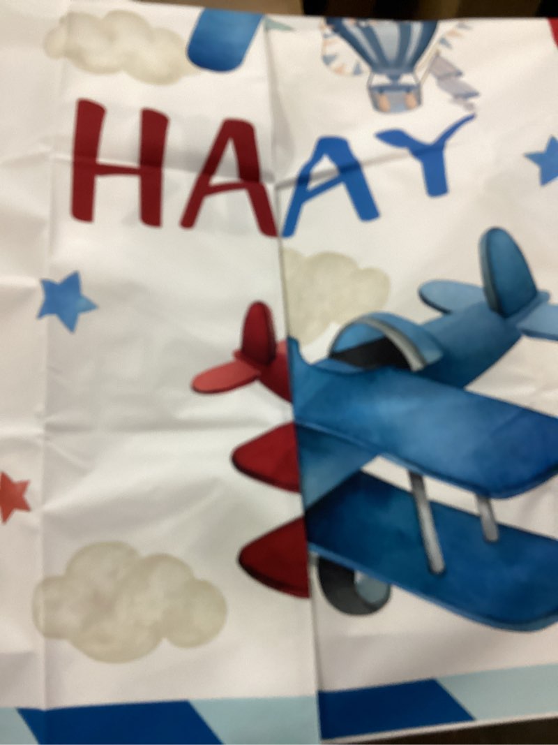 Condition photo showing Good Condition for Mocsicka Airplane Birthday Backdrop - Red & Blue Airplane Party Decorations - 'How Time Flies' Happy Birthday Photo Background Banner (7x5ft)