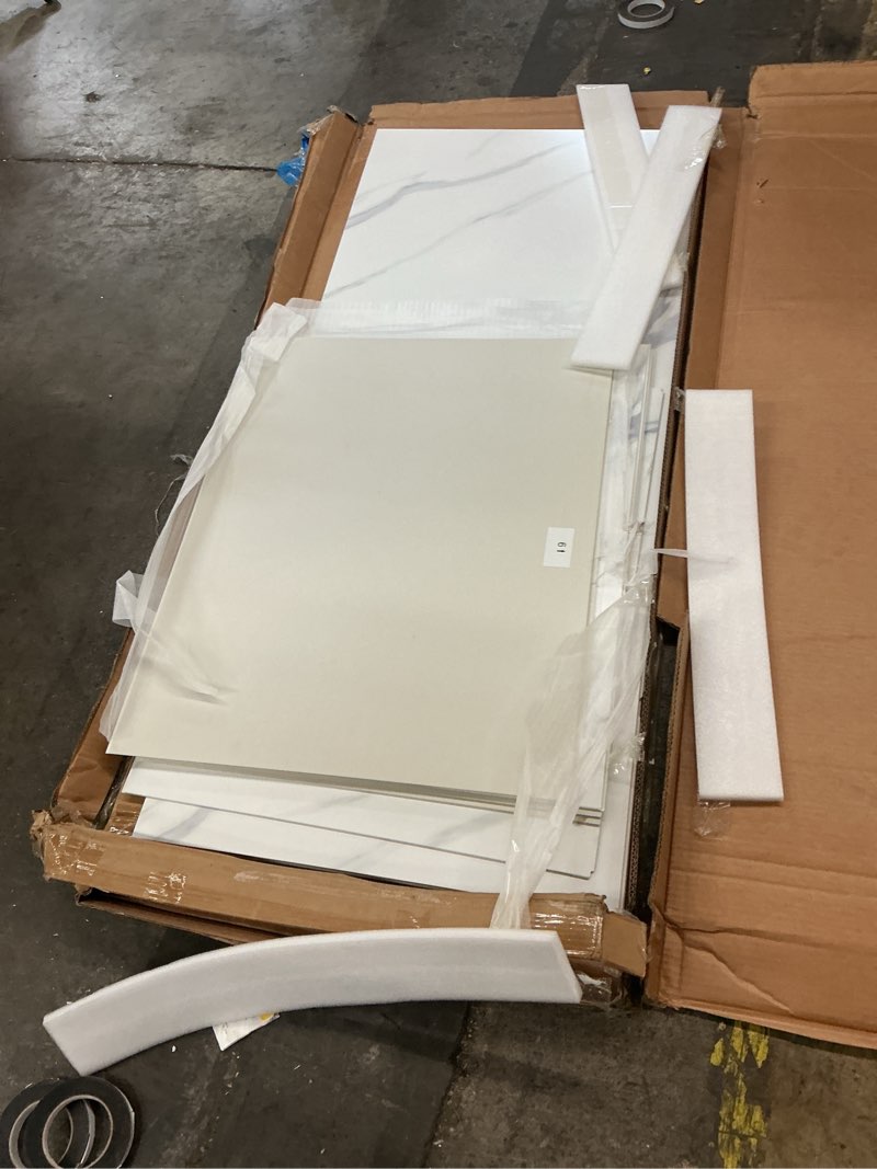 Condition photo showing As Is for allen + roth 60-in w x 32-in d x 78-in h carrara white 9-piece glue up alcove shower wall surround