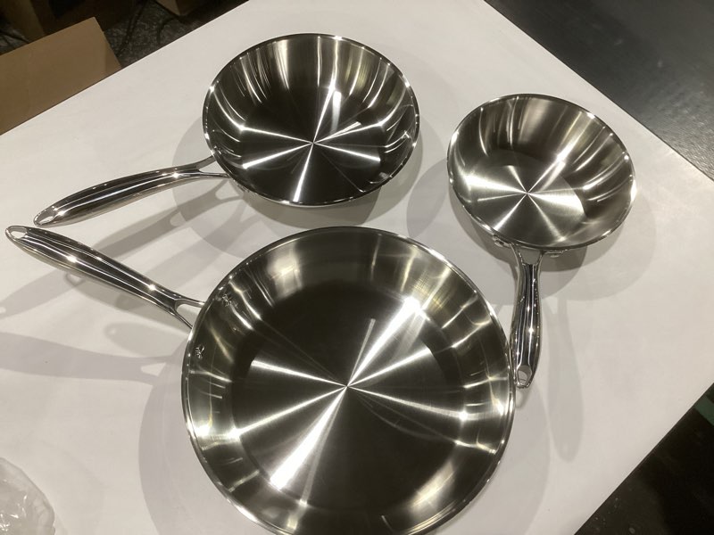 Condition photo showing Good Condition for redchef stainless steel frying pan set, induction kitchen cookware set, non-toxic uncoated skillets for searing & cooking, oven safe stainless steel cookware set, 3-piece, similar to tock photo, brand unknown