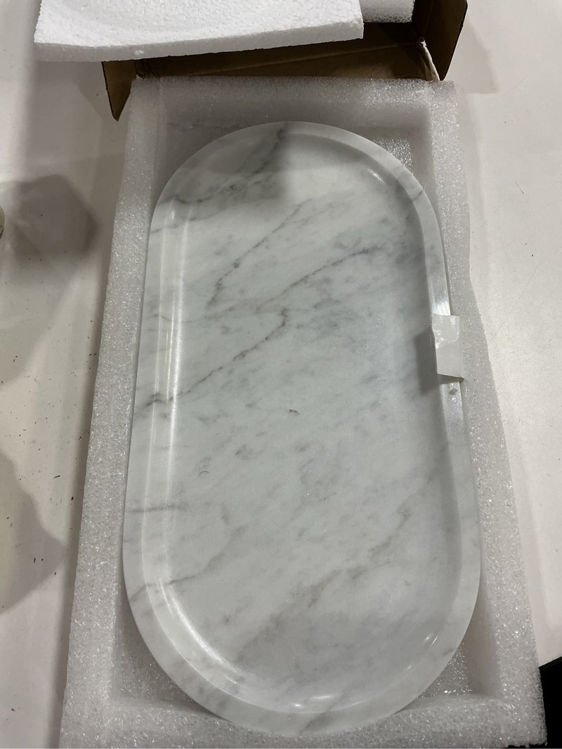 Condition photo showing Good Condition for white gray oval natural marble tray, 12"x6" decorative marble bathroom tray, premium marble tray for bathroom counter dresser vanity dish holds jewelry perfume keys candles trinkets
