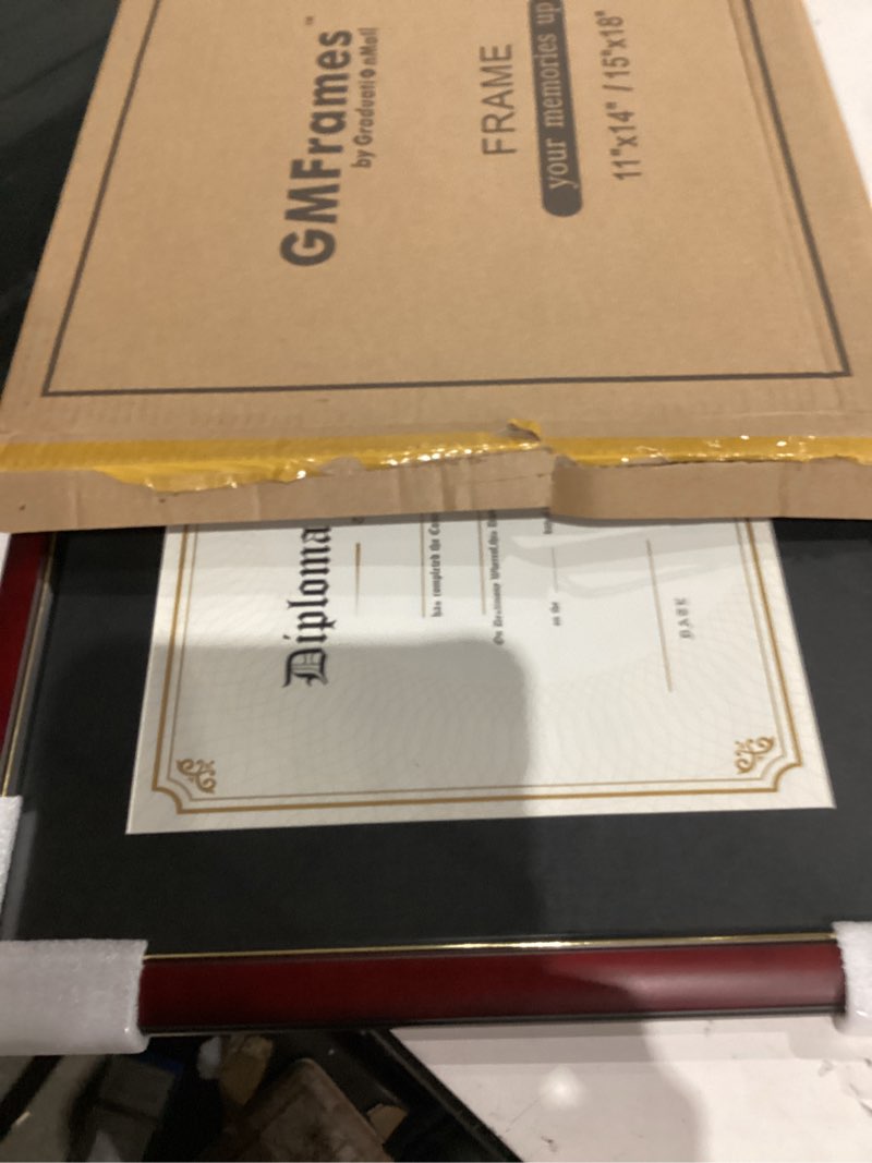 Condition photo showing As Is for GraduatePro 11x14 Diploma Frame with Black over Gold Mat or Display 15x18 Certificate without Mat, Solid Wood & UV Protection Acrylic, Cherry Finish with Gold Trim 15x18 or 11x14 Black Gold Mat