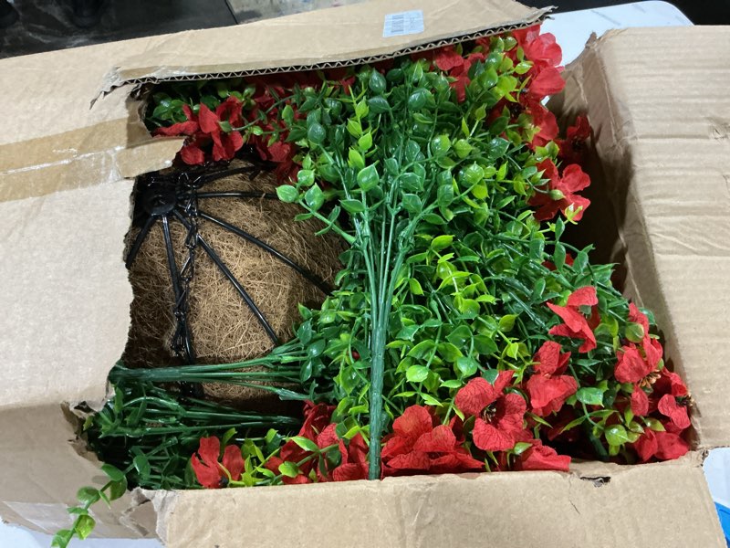 Condition photo showing Good Condition for hananona 24 pcs artficial outdoor flowers with hanging baskets, 2 pack hanging planter with red outdoor spring flowers for christmas porch home patio yard decor (2, red) red 2