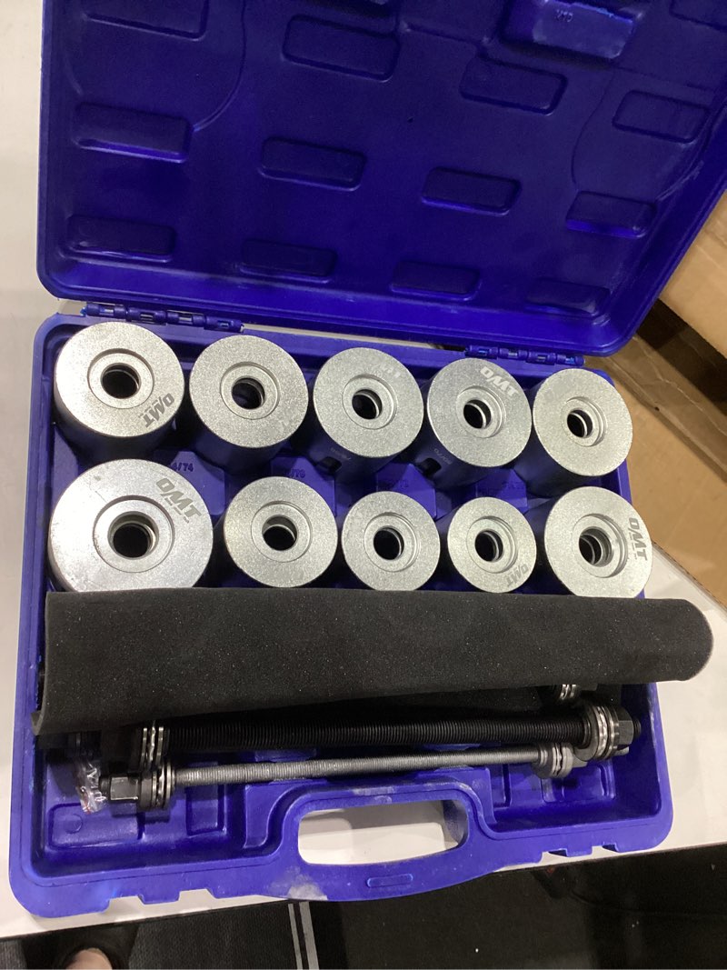 Condition photo showing New/Like New for orion motor tech bushing press kit, 27pc pull and press sleeve kit for most lcv hgv engine cars vehicles, universal seal bearing bushing removal installation tool kit 5 pulling spindles with nuts case blue